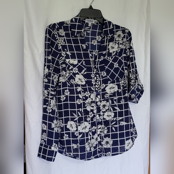 Express Womens Portofino Navy Floral Windowpane Long Sleeve Chiffon Button Top S - Picture 1 of 7